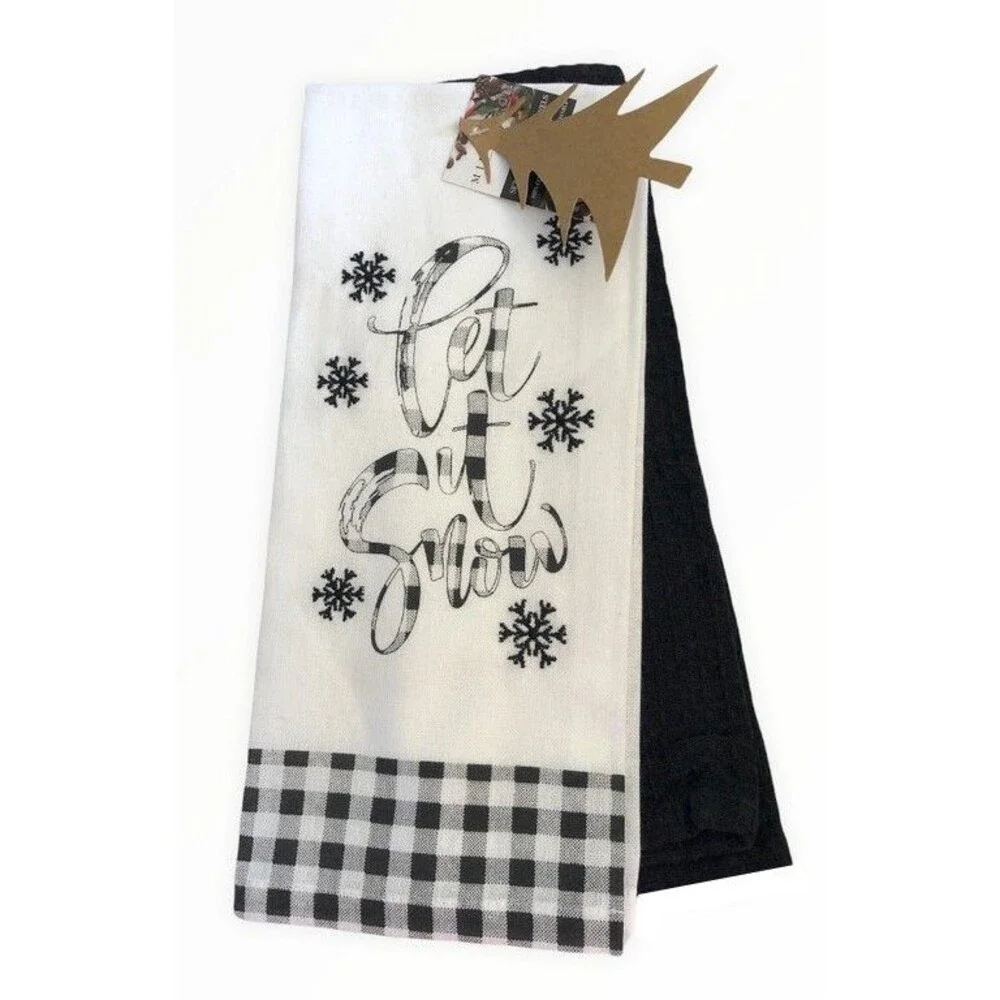 Christmas Dish Towels Set of 2 Let It Snow Snowflakes Embroidered Buffalo Check